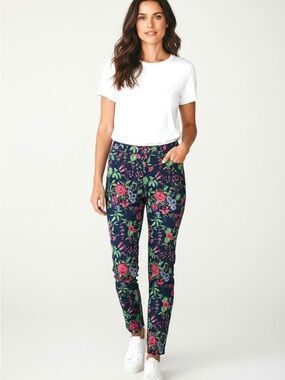 J. McLaughlin Navy Floral Pencil Pants with Red and Green Floral Print